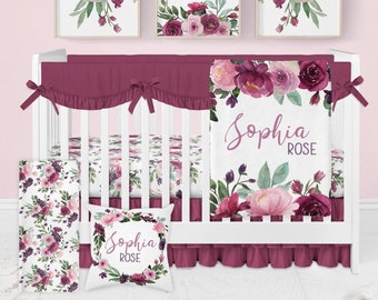 Bloemen wieg beddengoed set, babymeisje wieg beddengoed, mauve wieg lakens meisje, vintage bloemen kinderkamer, bordeauxrood beddengoed wieg roze, paarse bloemen