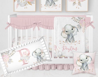 Elephant Baby Bedding Set, Pink Floral Crib Bedding, Girl Nursery Bedding Set, Floral Elephant Nursery, Baby Girl Bedding, Elephant Blanket