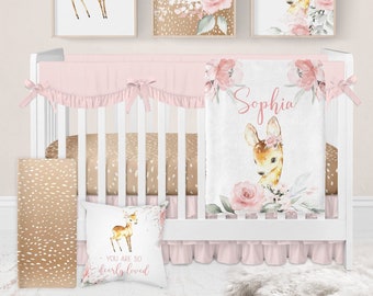 Fawn Crib Bedding Set, Baby Girl Crib Bedding, Pink Floral Crib Bedding, Deer Crib Bedding, Woodland Nursery, Fawn Blanket, Deer Crib Sheets