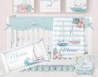 Sailboat Crib Bedding Set, Crib Bedding Set Girl Sailboat Nursery, Girl Nautical Nursery Bedding, Baby Girl Coastal Bedding, Coastal Nursery