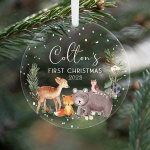 First Christmas Woodland Creature Ornament, Personalized Baby&#39;s First Christmas Ornament 2023, Woodland Custom Baby Ornament, 1st Christmas