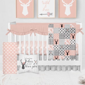 Woodland Baby Girl Bedding, Baby Girl Deer Crib Bedding Set, Girl Crib Bedding Sets With Deer, Woodland Crib Bedding, Pink and Grey Deer