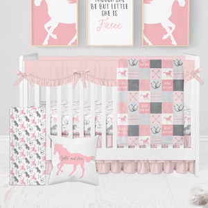 Horse Crib Bedding for Girl, Baby Girl Crib Bedding Set, Horse Nursery, Pink and Grey, Western Crib Bedding, Boho Wild and Free, Farm Crib