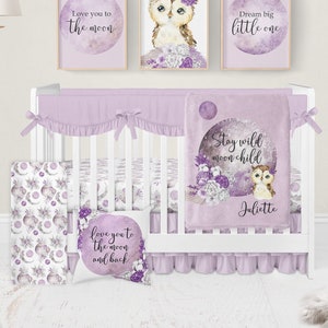 Moon Crib Bedding Set Girl, Baby Girl Crib Bedding Set, Purple Crib Bedding, Purple Nursery, Owl Crib Bedding, Floral Crib Sheets, Crib Sets