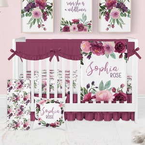 Floral Crib Bedding Set, Baby Girl Crib Bedding, Mauve Crib Sheets Girl, Vintage Floral Nursery, Burgundy Crib Bedding Pink, Purple Floral