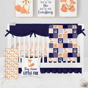 Fox Crib Bedding Set, Fox Baby Bedding, Baby Boy Crib Bedding Set, Fox Nursery Set, Woodland Crib Bedding, Navy Blue and Orange, Fox Blanket