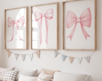 Pink Bow Nursery Prints, Coquette Wall Decor, Pink Girly Posters, Pink Nursery Wall Art, Girl Nursery Decor, Coquette Decor, Aesthetic Decor