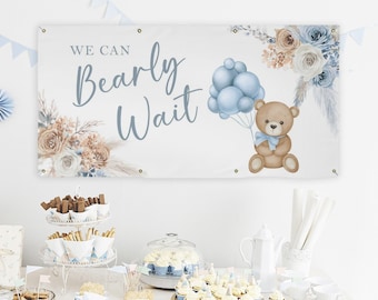 Teddy Bear Baby Shower Banner, We Can Bearly Wait Baby Shower Decorations Boy, We Can Bearly Wait Sign, Blue Boho Teddy Bear Banner BTB1