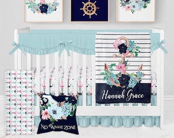 Nautical Crib Bedding Set, Crib Bedding Set Girl, Nautical Nursery Girl, Coastal Nursery, Baby Girl Coastal Bedding, Anchor Baby Bedding Set