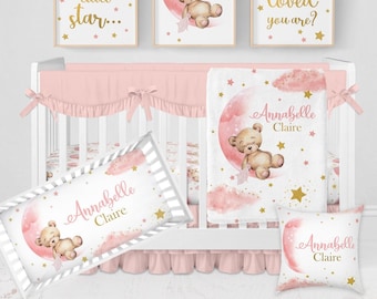 Teddy Bear Crib Bedding Set Girl, Baby Girl Bedding, Teddy Bear Nursery Bedding, Pink Crib Sets, Moon Crib Bedding, Stars Crib Sheets Girl