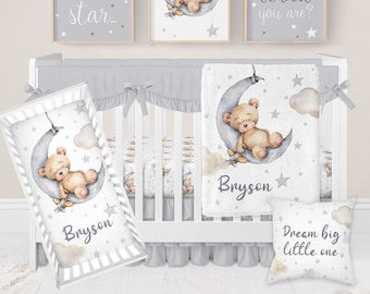 Teddy Bear Crib Bedding Set, Boy Crib Bedding, Neutral Crib Bedding, Teddy Bear Nursery Bedding, Neutral Nursery, Moon Stars Crib Sheets Boy