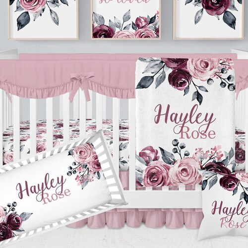Moody Floral Crib Bedding Set Baby Girl Nursery Plum Mauve Etsy