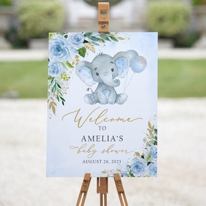 Elephant Baby Shower Welcome Sign, Blue Elephant Baby Shower Sign, Boy Baby Shower Welcome Poster, Floral Elephant Baby Shower Decor Boy