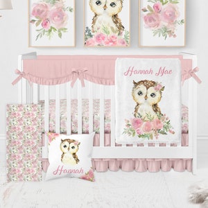 Owl Crib Bedding Set, Floral Girl Crib Bedding, Pink Nursery Bedding Girl, Custom Baby Blanket, Girl Nursery Bedding Set, Owl Baby Bedding