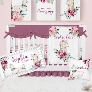 Baby Meisje Wieg Beddengoed Set, Lama Wieg Beddengoed, Lama Kwekerij, Boho Wieg Beddengoed, Bourgondië Roze Paarse Bloemen Wieg Beddengoed, Wieg Lakens Meisje