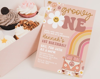 Editable First Birthday Groovy One Birthday Party Invitation, Groovy 1st Birthday Invite, Retro Hippie Bus Party Invitation Template Rainbow