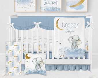 Elephant Baby Bedding Set, Moon Crib Bedding, Baby Boy Crib Bedding, Moon and Stars Crib Bedding, Baby Boy Bedding, Blue Elephant Nursery