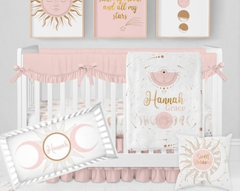 Moon and Stars Crib Bedding Set, Sun Crib Bedding, Baby Girl Crib