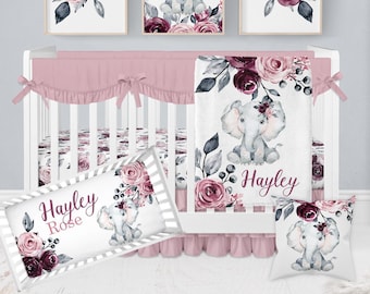 Elephant Crib Bedding Set, Baby Girl Crib Bedding Set, Elephant Nursery Bedding, Elephant Bedding, Rose Floral Nursery, Pink, Purple, Mauve