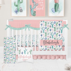 Cactus Crib Bedding Set Girl, Girl Baby Bedding Set, Baby Girl Bedding, Floral Crib Bedding, Cactus Nursery Bedding, Crib Sets, Crib Sheets