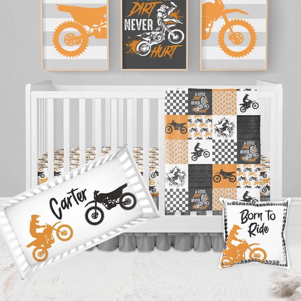 Dirt Bike Baby Bedding Set, Orange Motocross Crib Bedding Set, Baby Boy Crib Bedding, Boy Nursery Bedding, A Little Dirt Never Hurt Blanket