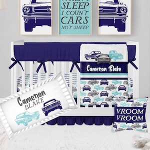 Car Crib Bedding Set, Baby Boy Crib Bedding, Truck Baby Bedding, Personalized Baby Boy Blanket, Vintage Car Nursery Bedding, Navy Blue Teal