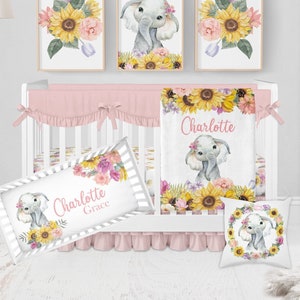 Elephant Baby Bedding, Girl Crib Bedding, Elephant Crib Bedding Set, Elephant Nursery, Pastel Floral Elephant Nursery, Sunflower Crib Set