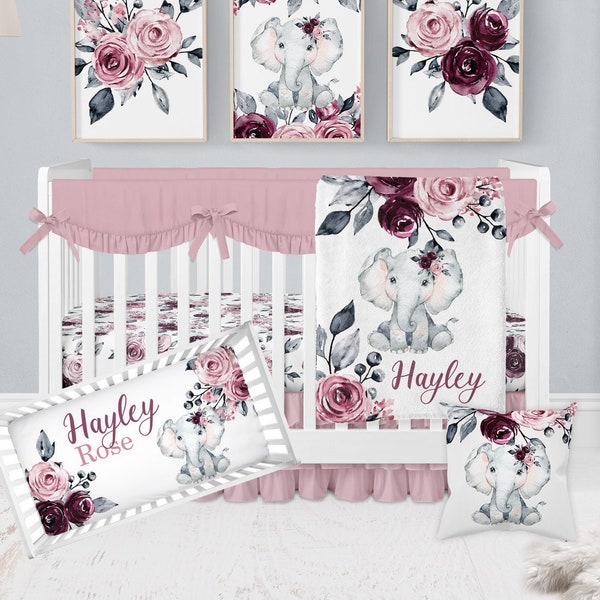 Elephant Crib Bedding Set, Baby Girl Crib Bedding Set, Elephant Nursery Bedding, Elephant Bedding, Rose Floral Nursery, Pink, Purple, Mauve