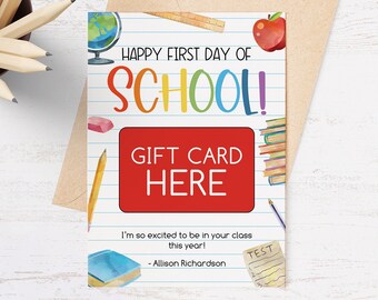 Titular de la tarjeta de regalo del primer día de la escuela, tarjeta de regalo del maestro de regreso a la escuela imprimible, regalo de agradecimiento del primer día de la escuela editable