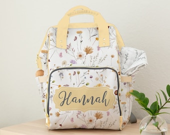 Benutzerdefinierte Windeltasche, Windeltasche für Mädchen, Baby-Dusche-Geschenk, Wildblumen-Windeltasche, personalisierte Babytasche, Multiuse-Rucksack, neue Mama-Geschenk