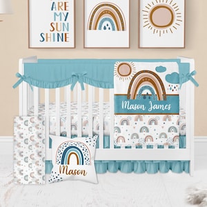 Baby Boy Crib Bedding, Rainbow Crib Bedding Set, Rainbow Nursery, Boho Crib Bedding, Crib Sheets Boy, Rust, Burnt Orange, Blue Crib Bedding