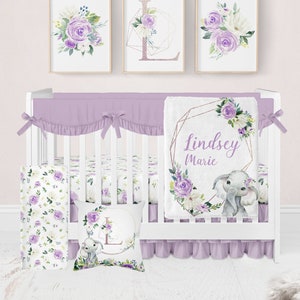 Elephant Baby Bedding Set, Personalized Baby Girl Crib Bedding Set, Purple Crib Bedding, Floral Crib Bedding, Floral Elephant Nursery Safari