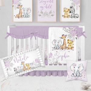 Safari Crib Bedding Set, Crib Bedding Set Girl, Safari Animal Nursery, Purple Crib Bedding, Elephant Baby Bedding, Personalized Crib Sheets