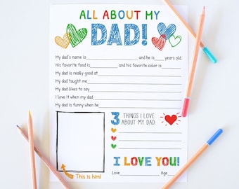 All About My Dad Printable, Fathers Day Gift From Kids Interview, Dad Questionnaire, Fill In The Blank Fathers Day Card, Instant Download