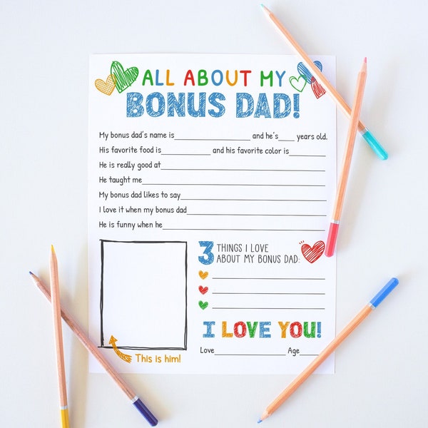 Fathers Day Gift Bonus Dad, All About My Bonus Dad Printable, Fill In The Blank Fathers Day Card, Fathers Day Questionnaire Instant Download