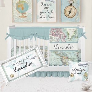 Adventure Crib Bedding Set, Baby Boy Crib Bedding, Map Crib Bedding Travel Nursery, Personalized Baby Blanket Baby Boy Adventure Nursery Set