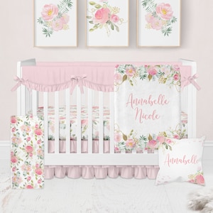 Pink Floral Crib Bedding Set, Girl Nursery Bedding Set, Pink and Gold Floral Crib, Baby Bedding Crib Sets Girl, Floral Nursery, Personalized