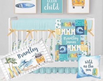 Surf Crib Bedding, Baby Boy Crib Bedding Set, Surfer Baby Nursery Set, Surfing Nursery, Boy Nursery Bedding Set, Beach Crib Bedding, Ocean