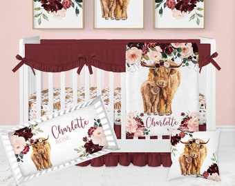 Baby Girl Crib Bedding Set, Highland Cow Crib Bedding, Farmhouse Nursery Bedding Set, Burgundy Blush Floral Crib Bedding, Crib Sheets Girl