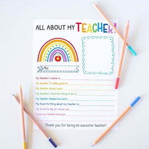 Teacher Appreciation Gift, All About My Teacher Rainbow Fill In, Teacher Appreciation Week Printable, End Of Year Teacher Thank You Gift
