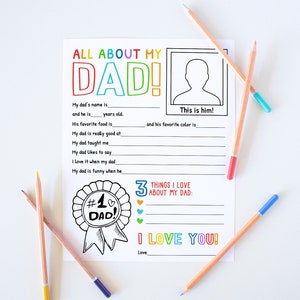 All About My Dad Printable, All About Dad Fathers Day Gift From Kids, Coloring Page, Fill In The Blank Fathers Day Card, Instant Download