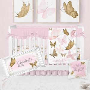 Butterfly Crib Bedding Set, Butterfly Nursery Bedding, Personalized Butterfly Baby Blanket, Baby Girl Bedding, Pink and Gold Butterfly Baby