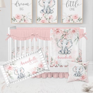 Elephant Crib Bedding Set, Crib Bedding Set Girl, Personalized Baby Bedding Set, Pink Floral Crib Bedding, Elephant Nursery Bedding Crib Set