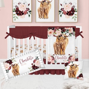 Baby Girl Crib Bedding Set, Highland Cow Crib Bedding, Farmhouse Nursery Bedding Set, Burgundy Blush Floral Crib Bedding, Crib Sheets Girl