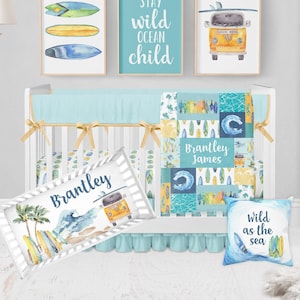 Surf Crib Bedding, Baby Boy Crib Bedding Set, Surfer Baby Nursery Set, Surfing Nursery, Boy Nursery Bedding Set, Beach Crib Bedding, Ocean