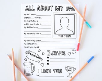 All About My Dad Printable, Fathers Day Gift From Kids, Dad Questionnaire, Kids Coloring Page, Fill In the Blanks, Fathers Day Card Download
