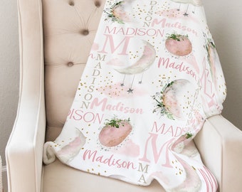 Manta de luna personalizada, manta con nombre de bebé, manta para niña, regalo para baby shower, manta con nombre personalizado, manta para niño pequeño con luna y estrellas