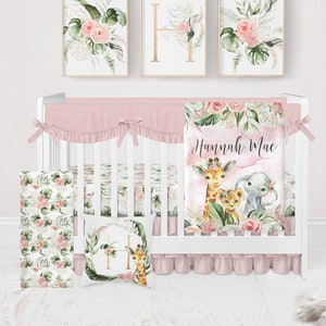 Safari Crib Bedding Set, Baby Girl Crib Bedding, Pink Floral Safari, Elephant Baby Bedding Set, Safari Nursery, Jungle Nursery Bedding Girl