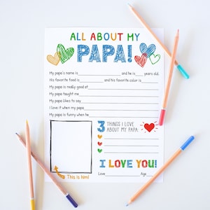 Alles over mijn vader Afdrukbaar, vaderdagcadeau voor papa, vul de lege vaderdagkaart in, vaderdagcadeau van kleinkinderen direct downloaden