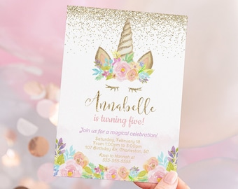 May include: A pink and gold unicorn birthday invitation with a floral design. The invitation says "Annabelle is turning five!" and includes details for the party, including the date, time, and location. RSVP information is also included.